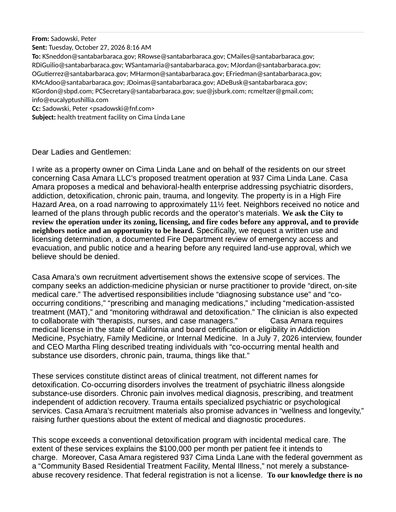 Page 1 of the original email: header with all recipients and the first paragraphs of the letter.