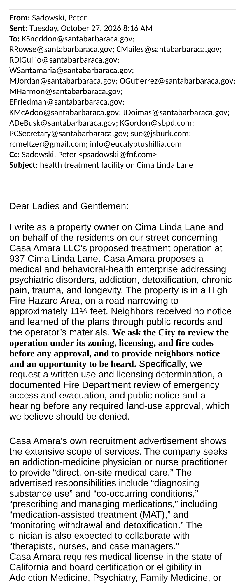 Original email, part 1: header (From Sadowski, Peter; sent Tuesday, October 27, 2026 8:16 AM; to 17 recipients at the City of Santa Barbara, SBPD and others; cc; subject: health treatment facility on Cima Linda Lane) and the opening paragraphs asking the City to review the operation under zoning, licensing and fire codes and describing Casa Amara's recruitment advertisement.