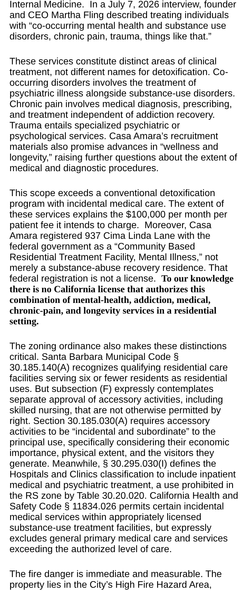 Original email, part 2: the letter on the scope of services, the federal registration as a Community Based Residential Treatment Facility, and the Santa Barbara Municipal Code sections on residential care and accessory uses.