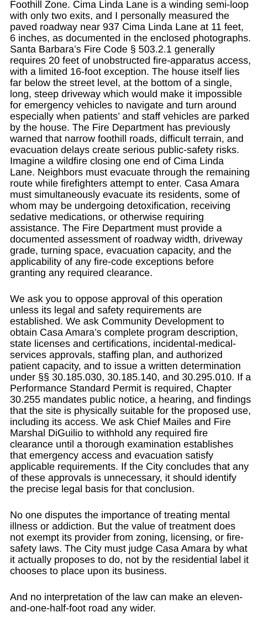 Original email, part 3: the fire danger on Cima Linda Lane, measured at 11 feet 6 inches against the 20-foot fire-code standard, and the requests to Community Development and the Fire Department.